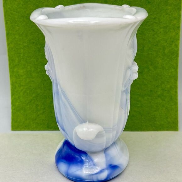Vintage Akro Agate Iris Floral Marbled Swirl Slag Glass Vase - Picture 6 of 15